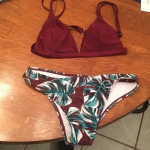 Maroon and green palm swim suit